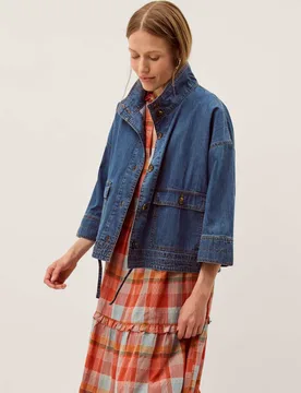 Pure Cotton Denim Funnel Neck Jacket Blue Denim female - Monsoon - FashionsVida