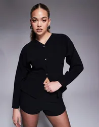 Womens Co-Ord Ribbed Balloon Sleeve Structured Button Through Top In Black