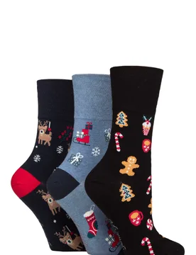 Women's 3 Pair SOCKSHOP Cotton Christmas Socks Navy / Black 4-8 - Multi Coloured - Size: Small - Gentle Grip - FashionsVida