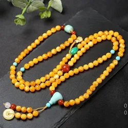 Original amber-colored 108-bead bracelet, multi-strand necklace, natural old beeswax prayer beads