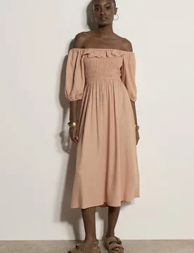 Women's Smocked Bardot Midi Dress in Peach Size: 10 - Peach - Size: 10 - Apricot - FashionsVida