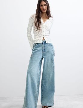 Jean large coupe wide leg, , Coton, Bleu, 34