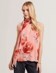 Printed Tie Halter Neck Blouse Coral female