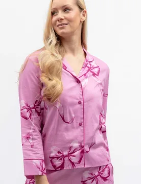 Cotton Modal Bow Print Revere Pyjama Top Pink Mix female - Cyberjammies - FashionsVida