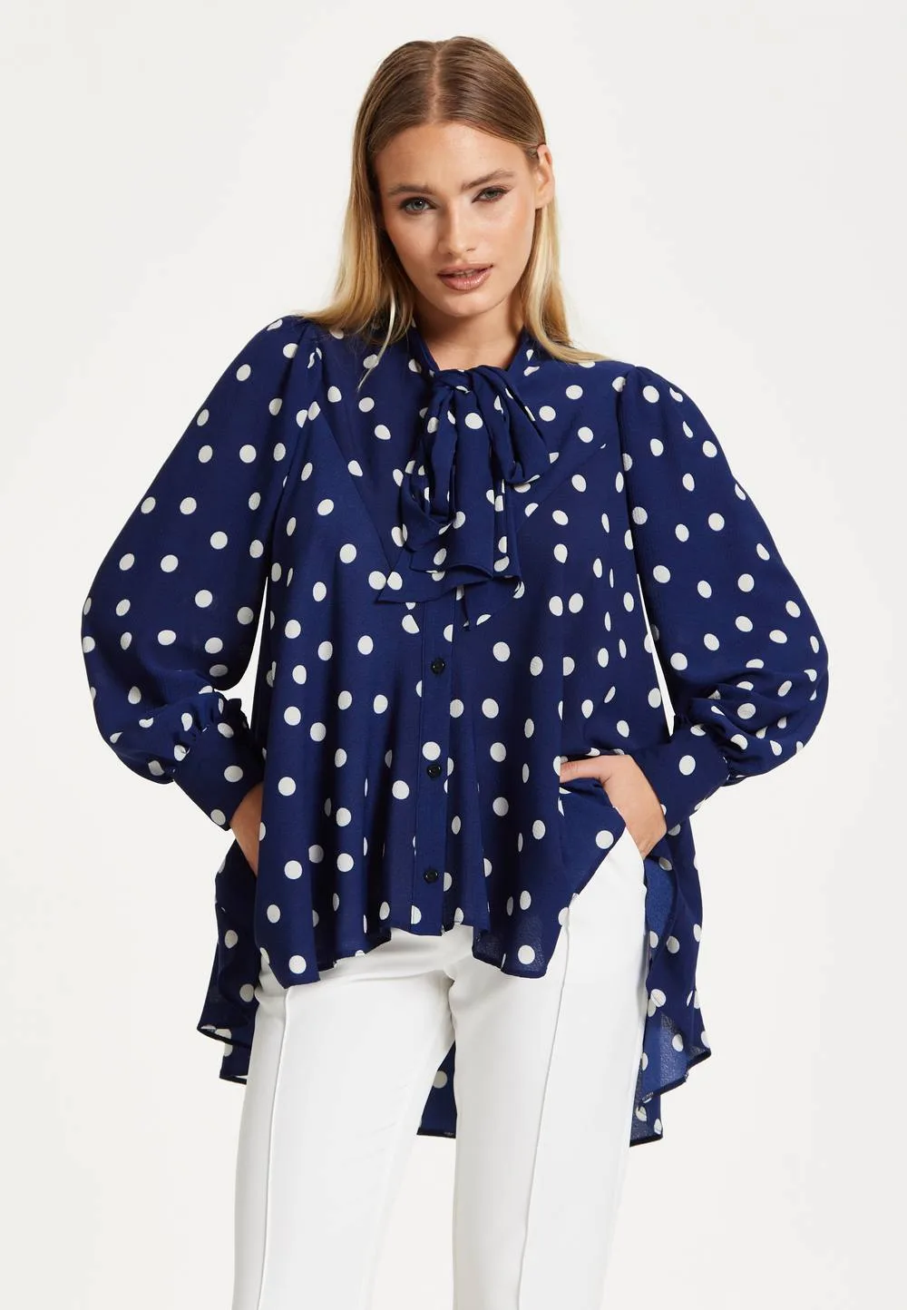 Navy Polka Dot Flared Hem Blouse - Navy - Size: 8 - Liquorish - FashionsVida