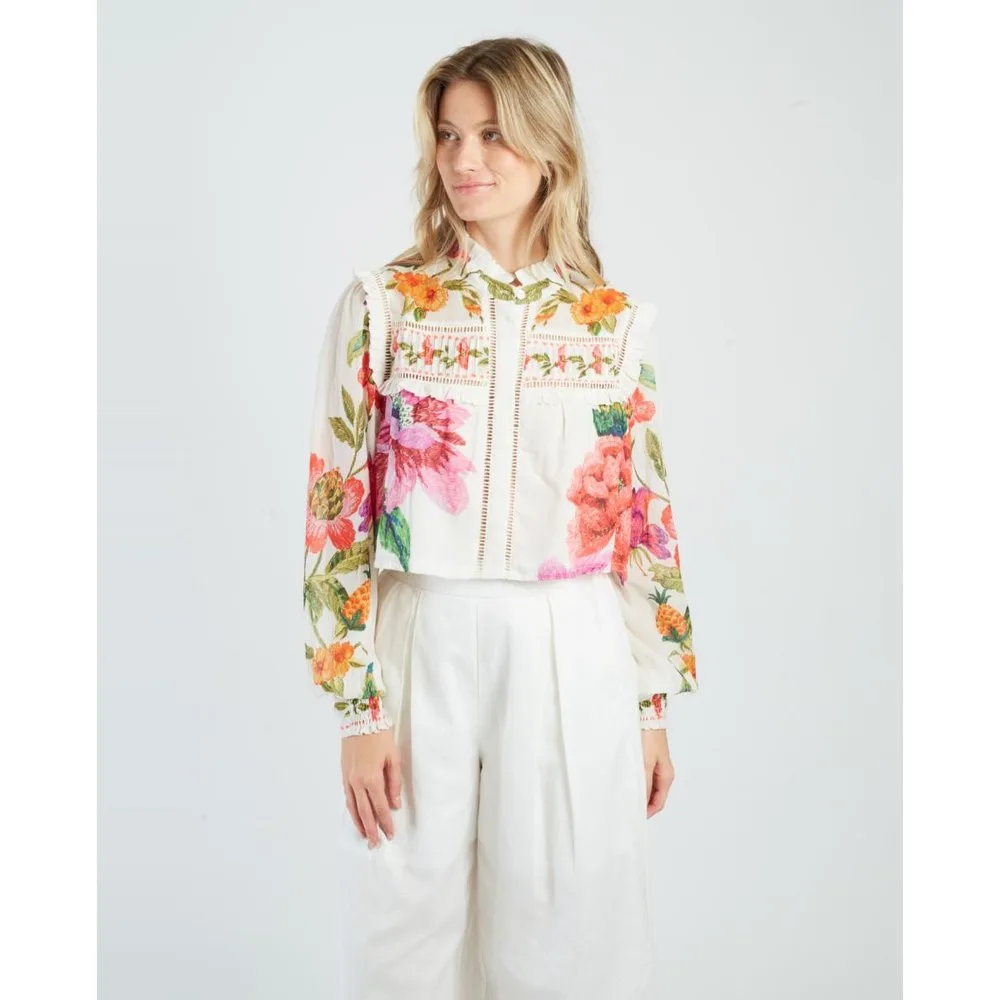 Blusa corta con mangas largas y cuello camisero - Derhy - FashionsVida