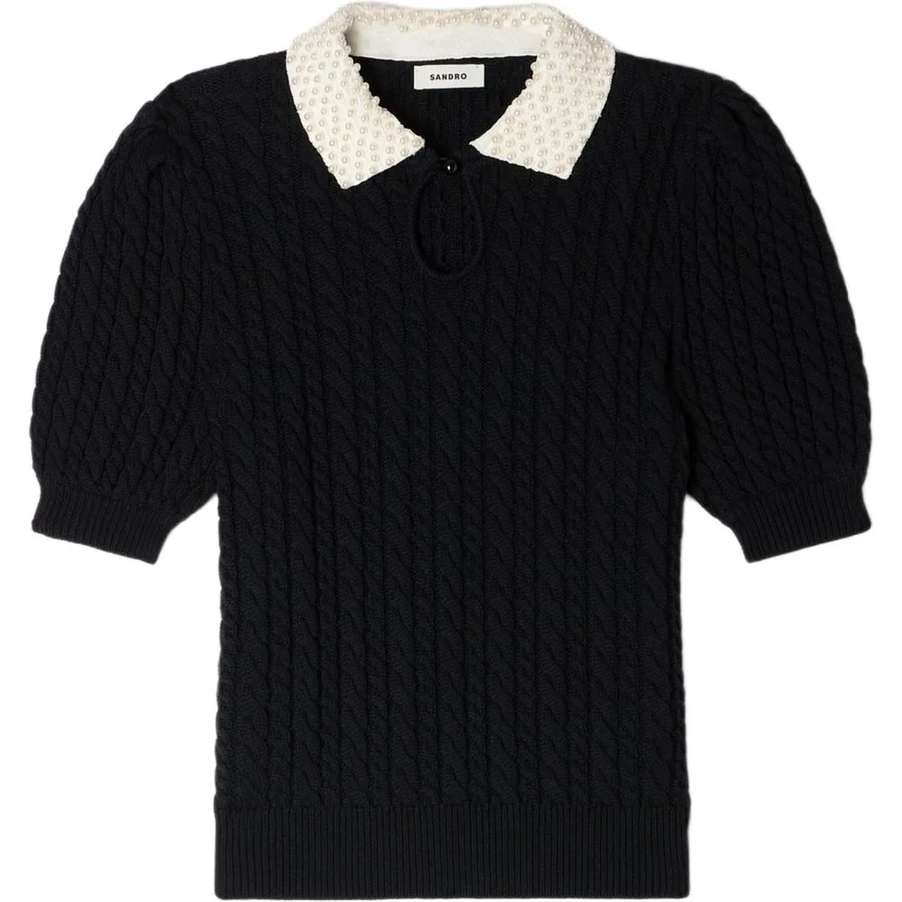 Jersey de mujer trenzado con cuello bordado perlas - sandro - FashionsVida