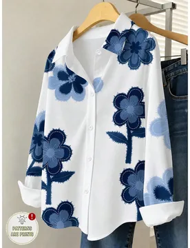 Camisa blanca de manga larga para niñas preadolescentes con estampado digital floral de denim falso, top de moda casual versátil y cómodo, adecuado - Shein - FashionsVida