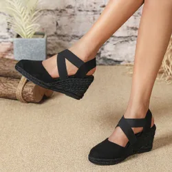 Sandalias de cuña de espadrilles para mujer con correa elástica entrecruzada