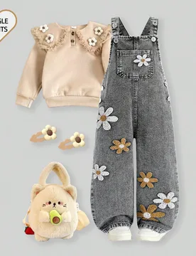 Pantalones de peto con estampado floral minimalista para niñas - Shein - FashionsVida