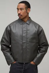 Herren Kastenförmig Geschnittene Harrington-Jacke Aus PU Mit Paneelen Charcoal Größe Medium
