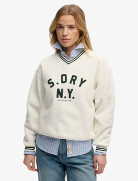 Superdry Damen Baumwolle Applikation Country Club V-Ausschnitt-Sweatshirt, Creme & Schwarz, Größe: 38