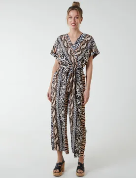 Multi Stripe Animal Jumpsuit - S / Tan - female - Blue Vanilla - FashionsVida