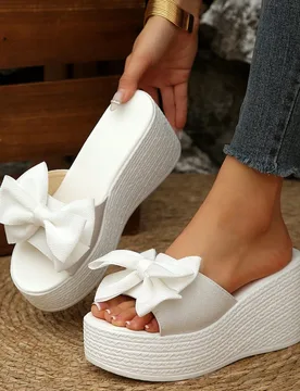 Sandalias de plataforma con cuña y lazo blanco para mujer, verano - Shein - FashionsVida