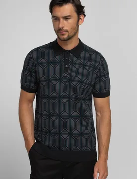 Kelsall Mens Retro Print Knitted Polo Shirt - Steel & Jelly - FashionsVida