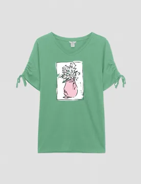 Women's Ruched Sleeves Chest Printed T-Shirt in Green Size: 10 - Green - Size: 10 - Enorsia - FashionsVida