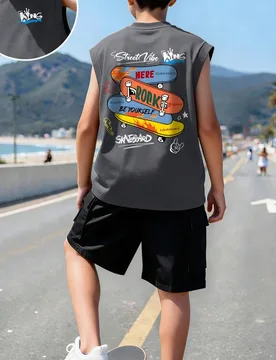 Conjunto de ropa de estilo callejero para adolescentes, con chaleco sin mangas con estampado de "KING" y monopatín, talla grande pantalones cargo, c? - Shein - FashionsVida