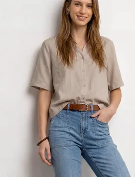 Kurzarm Hemdbluse in Unifarbe female Beige - Street One - FashionsVida