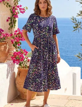 Women's Petite Abstract Spot Midi Dress in Navy Size: 12 - Navy - Size: 12 - Roman - FashionsVida