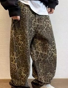 Pantalones vaqueros de hombre con estampado de leopardo, pantalones rectos sueltos de moda retro casual, estilo grunge