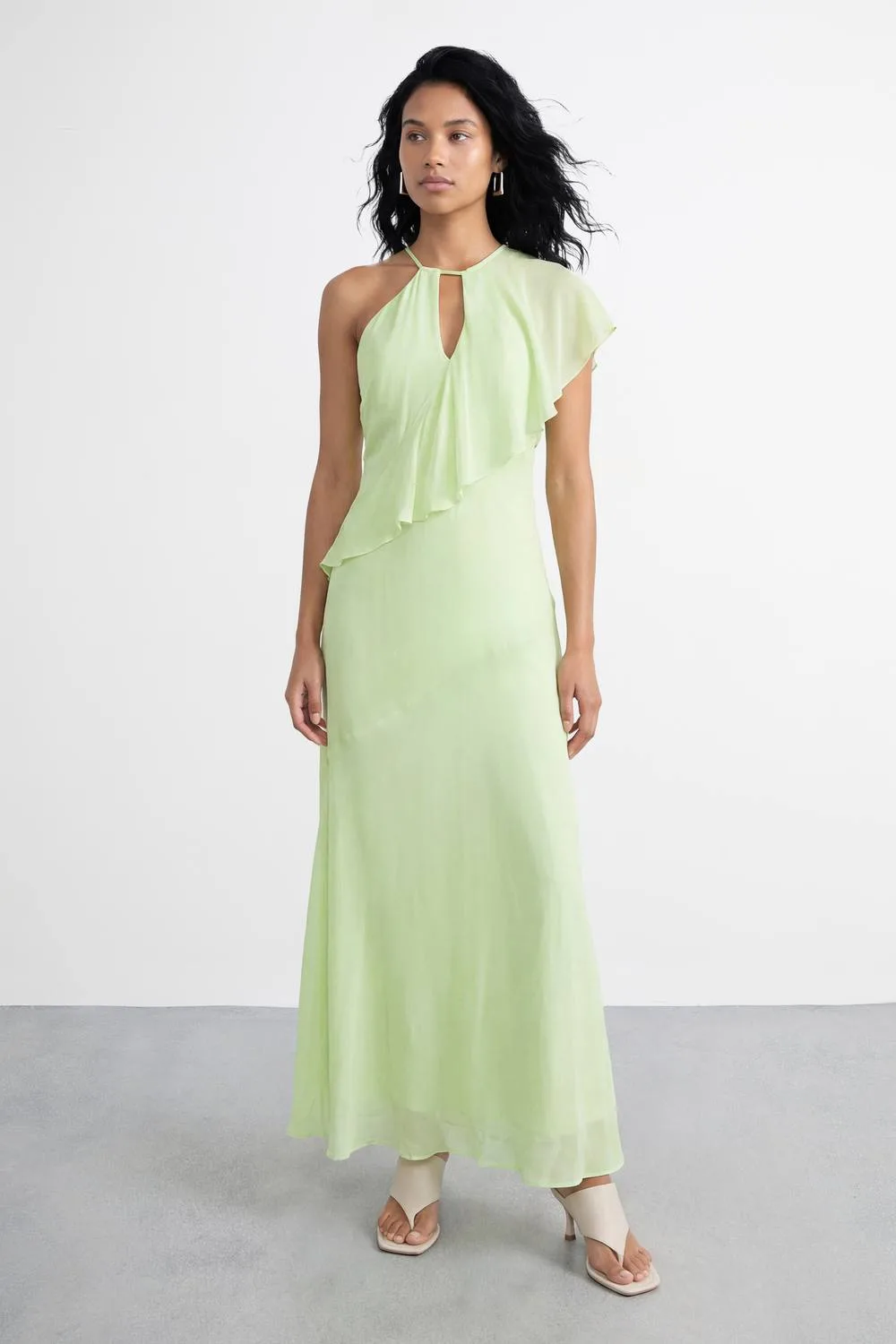 One Shoulder Asymentric Ruffle Maxi Dress - Lime - Size: 16 - Warehouse - FashionsVida