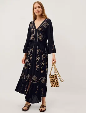 Embroidered Tiered Beach Cover Up Kaftan Black female - Monsoon - FashionsVida