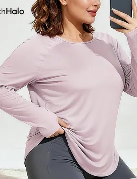 Blusa deportiva de manga larga, holgada y transpirable para mujer de talla grande, con ojales para el pulgar y bajo curvo, adecuada para deportes, eje - Shein - FashionsVida