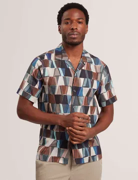Regular Fit Cotton Linen Blend Geo Shirt Blue Mix male - Ted baker - FashionsVida