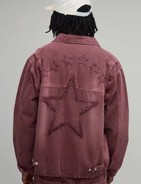 Men's Tall Overdye Western Applique Denim Harrington Jacket Burgundy Size X-Large Burgundy XL - boohooMAN - FashionsVida