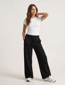 Pantaloni wide leg soft touch con tasche e viscosa - nero
