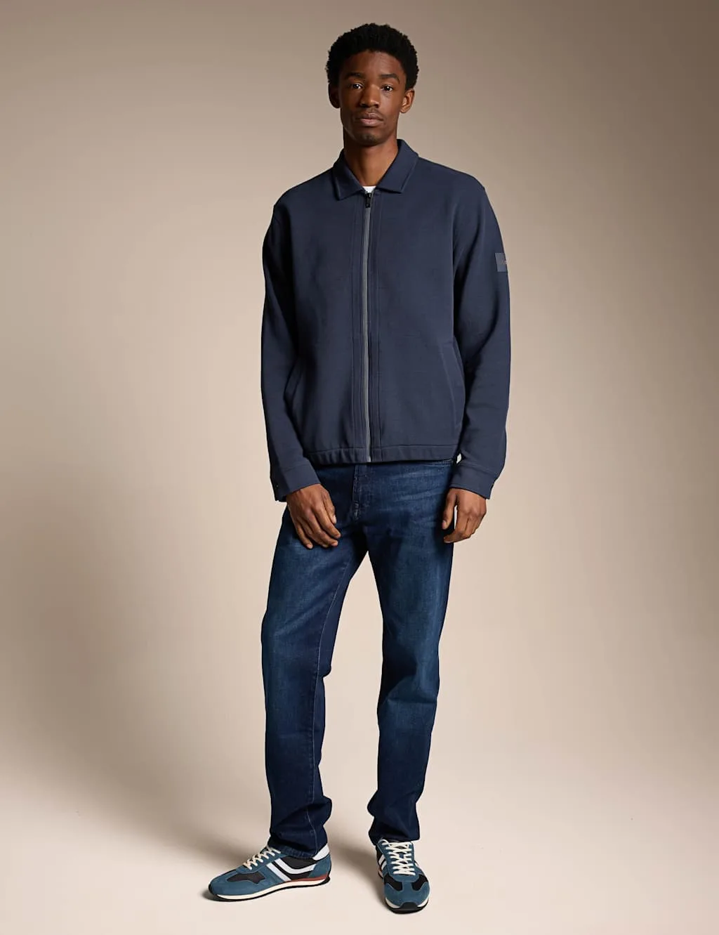 Cotton Rich Collared Zip Up Short Jacket Navy male - BOSS - FashionsVida