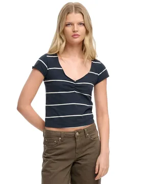 Maglietta A Maniche Corte Athletic Essentials Gathered Pattern Navy Stripe XS - Superdry - FashionsVida
