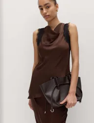 Lace Insert Draped Top Brown Mix female