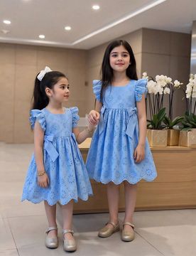 Vestido de estilo princesa con cuello cuadrado, mangas de vuelo, cintura ceñida y falda acampanada con decoración de lazo, en color azul marino con