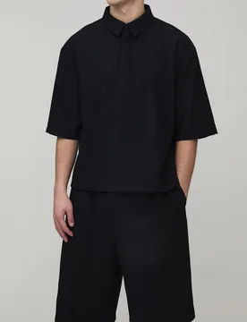 Men's Oversized Wavy Textured Polo & Longline Relaxed Short Set Black Size 5X-Large Black 5XL - boohooMAN - FashionsVida