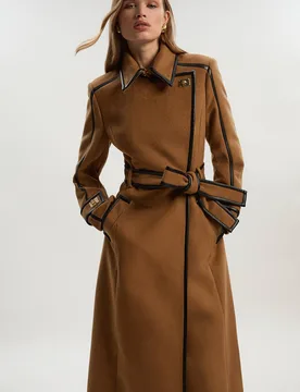 Women's Brushed Wool Pu Trim Belted Tailored Double Breasted Midi Coat in Camel Size: 6 - Camel - Size: 6 - Karen millen - FashionsVida