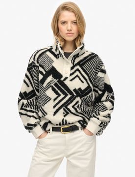 Superdry Damen Bedruckter Superweicher Teddyfleece Henley Pullover, Schwarz & Creme - Größe: 44