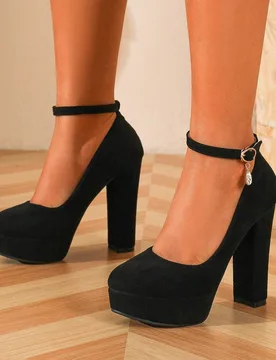 Zapatos de tacón alto para mujer con diseño de hebilla, punta redonda, estilo sexy para fiesta de discoteca, talla grande, tacón grueso de 12.5CM, - Shein - FashionsVida