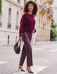 Leather Look Straight Leg Trousers Burgundy female