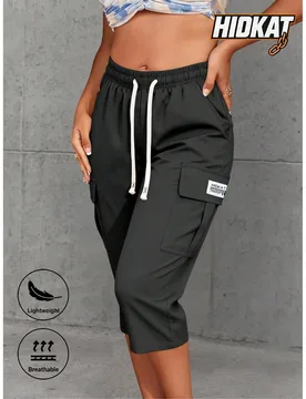 Pantalones capri de cargo de moda casual para mujer, con cintura con cordón, bolsillos con solapa, unicolor, versátil, adecuado para uso casual diar - Shein - FashionsVida