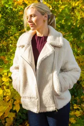 Borg Detail Aviator Jacket - Ivory - Size: 16