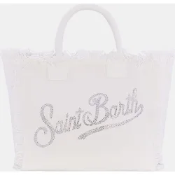 Bolso grande de tejido canvas con asas de mano y logo con strass y con flecos en la parte superior