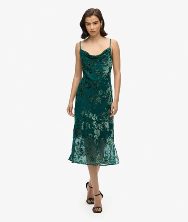 Superdry Damen Dévoré Midi-trägerkleid mit Wasserfallausschnitt Grün - Größe: 40 - 99.99 - FashionsVida
