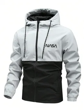 Chaqueta cortavientos holgada de manga larga con capucha con cordón y gráfico de letras de dos tonos para hombre, para el otoño - Shein - FashionsVida