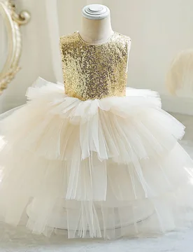 Vestido elegante de fiesta para niña con lazo de lentejuelas doradas y tul, falda de pastel, vestido de princesa, adecuado para fiestas de cumpleaño - Shein - FashionsVida