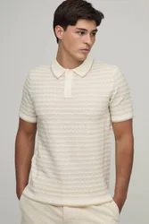 Herren Regular Geschnittenes StrickPoloshirt Mit Offener Strickart Und Streifen Stone Größe Small