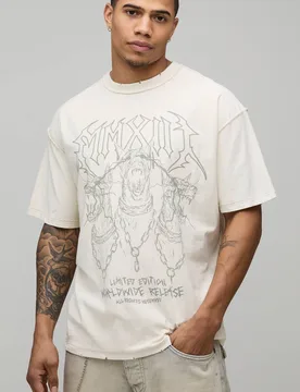 Men's Oversized Graphic Exposed Seams Washed Printed T-Shirt Ecru Size 4X-Large Ecru 4XL - boohooMAN - FashionsVida