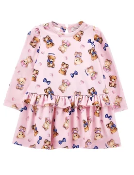Abito mini rosa in viscosa stretch con stampa orsetti all-over - Monnalisa - FashionsVida