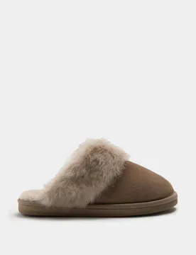 Suede Faux Fur Trim Mule Slippers Mink female - M&S - FashionsVida
