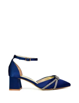 Women's 'Sarah' Ankle Strap Pointed Toe Diamante Mid Block Heels in Navy Size: 6 - Navy - Size: 6 - XY London - FashionsVida